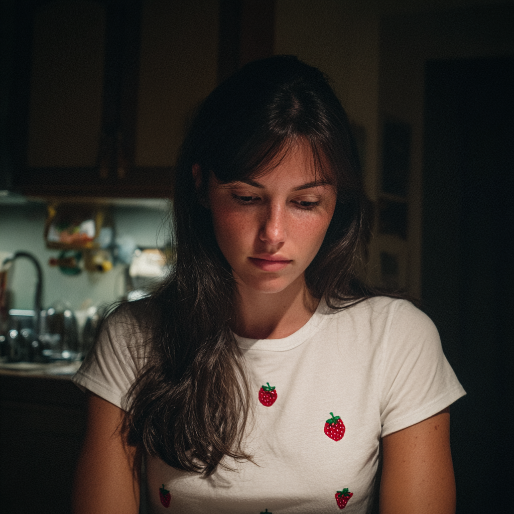 Una mujer emocional sentada a la mesa | Fuente: Midjourney