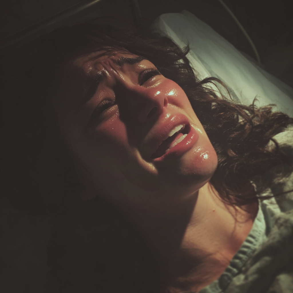 Una mujer emocionada tumbada en la cama de un hospital | Fuente: Midjourney