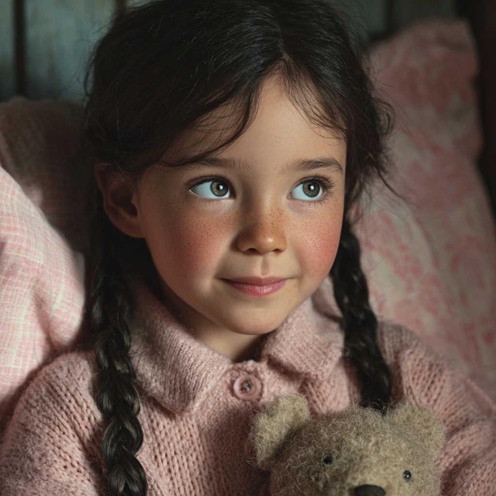 Una niña sonriente con su osito de peluche | Fuente: Midjourney