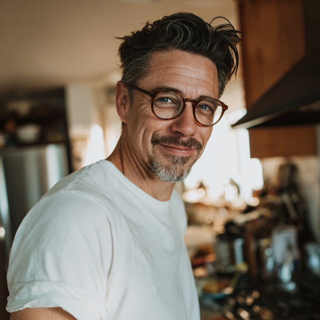Un hombre sonriente con una camiseta blanca | Fuente: Midjourney