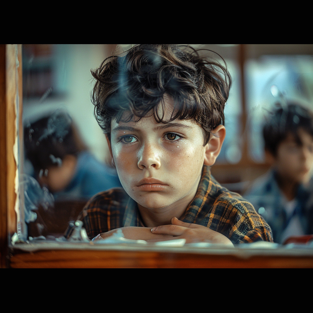 Un niño triste mirando por la ventana | Fuente: Midjourney