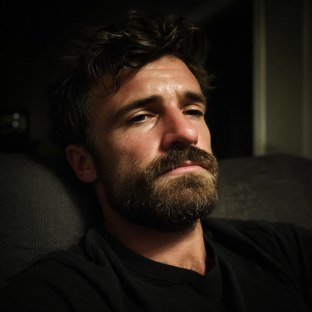 Un hombre disgustado sentado en un sofá | Fuente: Midjourney