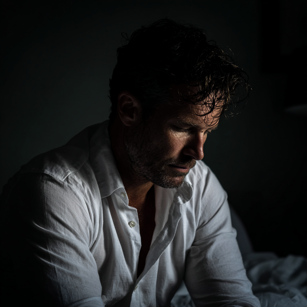 Un hombre sentado en el borde de una cama | Fuente: Midjourney