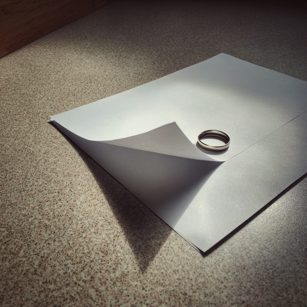 Un papel doblado y un anillo de boda sobre un mostrador | Fuente: Midjourney