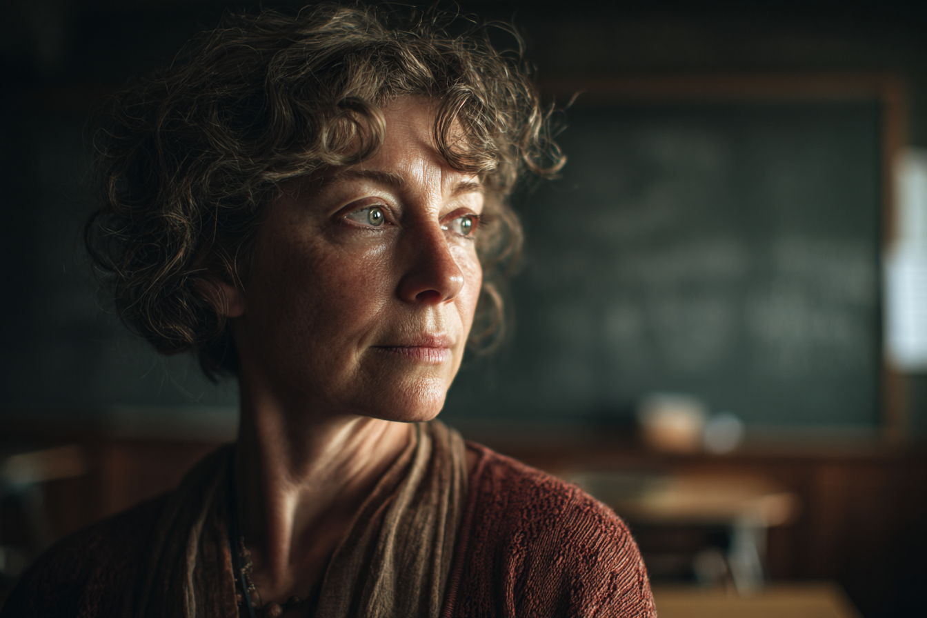 Una mujer de pie en un aula | Fuente: Midjourney