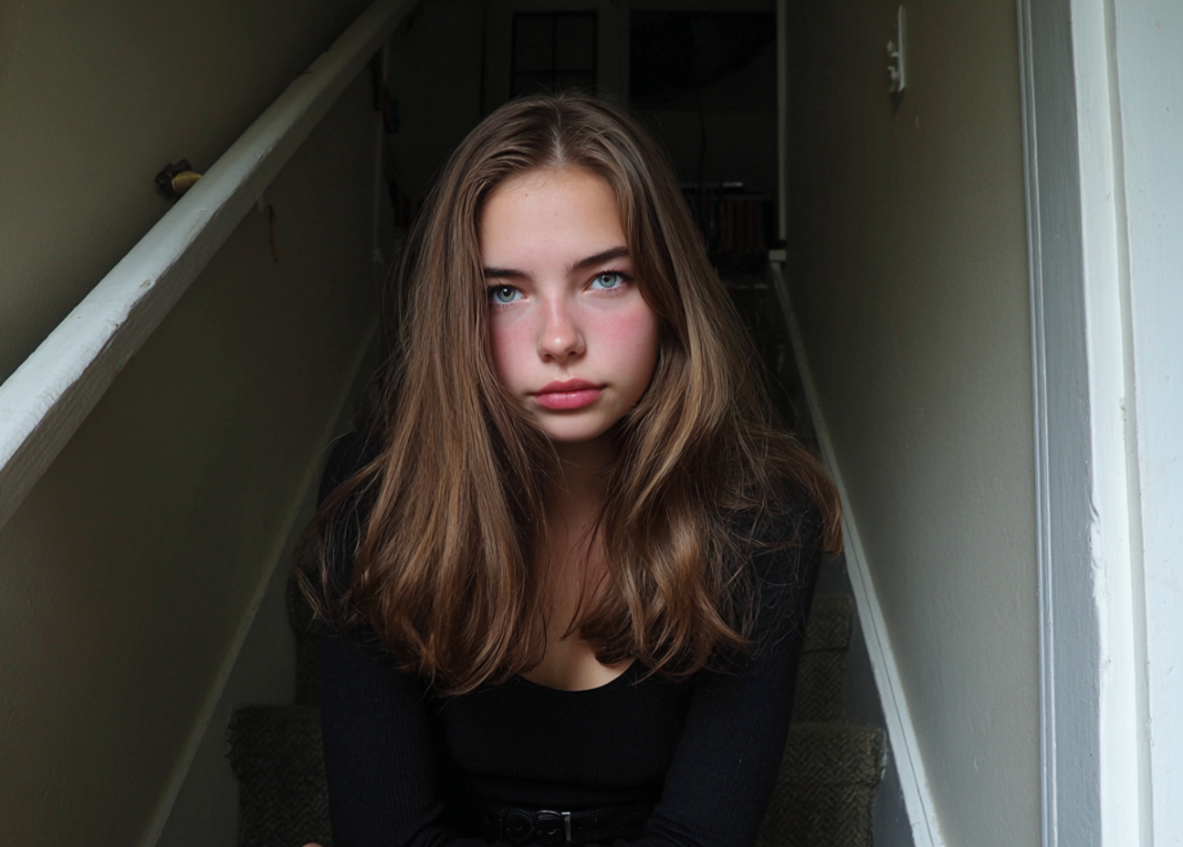 Una adolescente sentada en una escalera | Fuente: Midjourney
