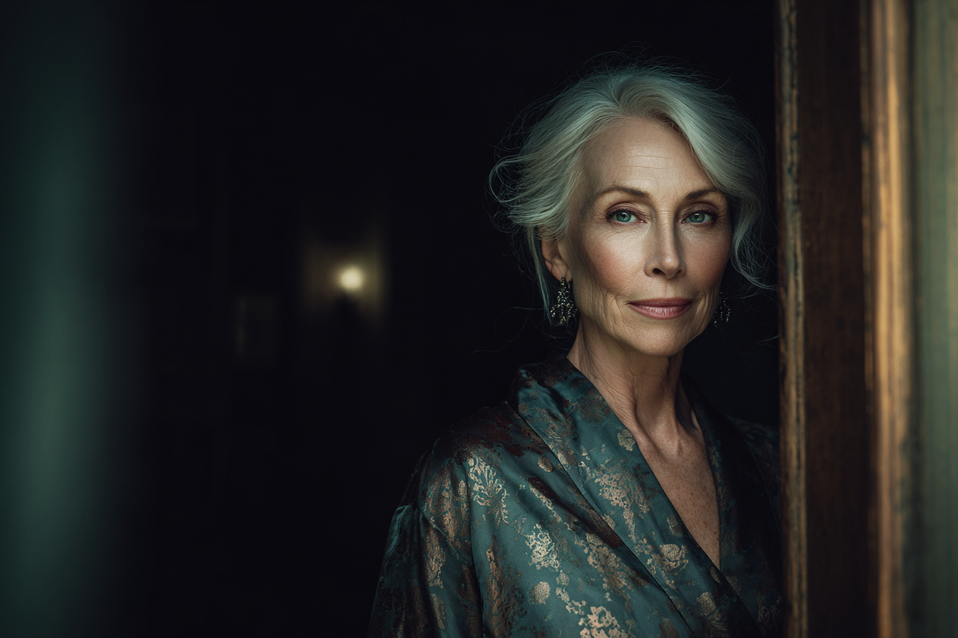 Una mujer mayor de pie en la puerta | Fuente: Midjourney