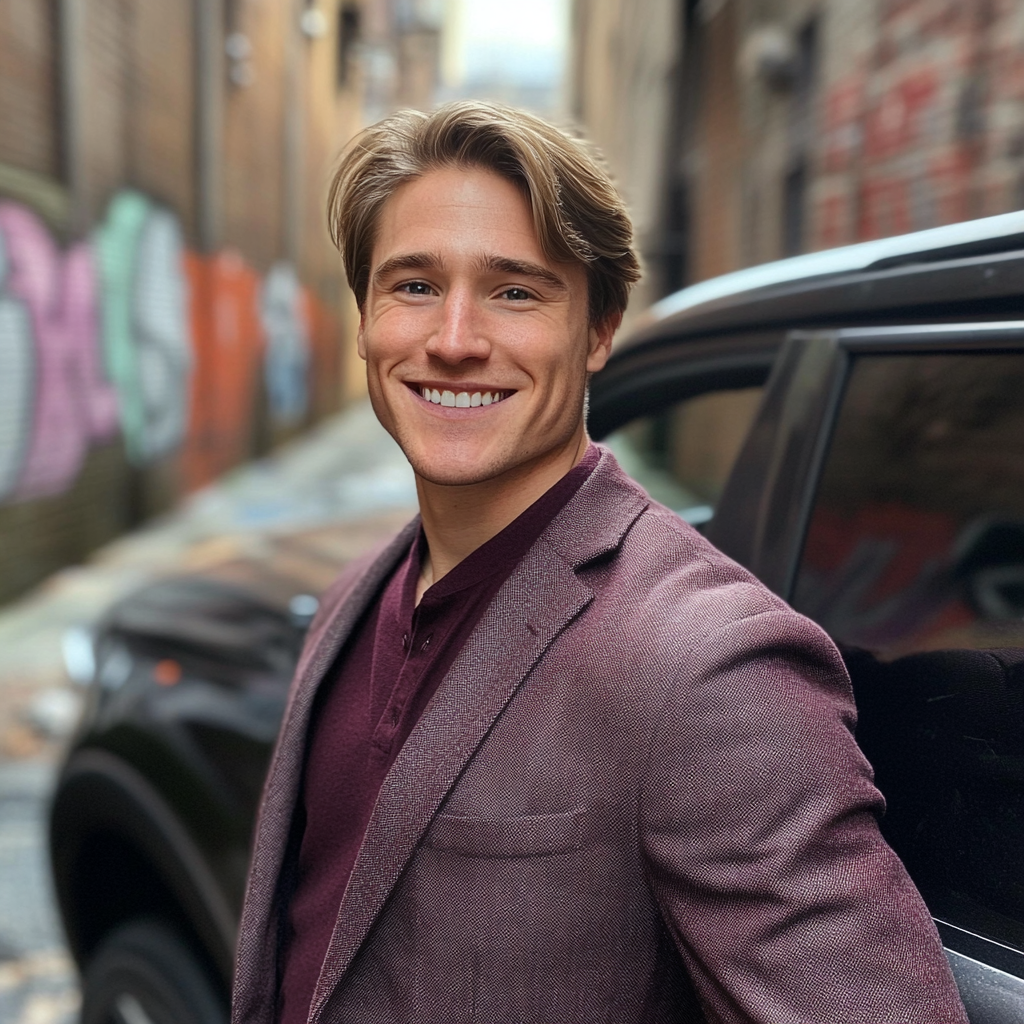 Un hombre sonriente junto a un automóvil | Fuente: Midjourney