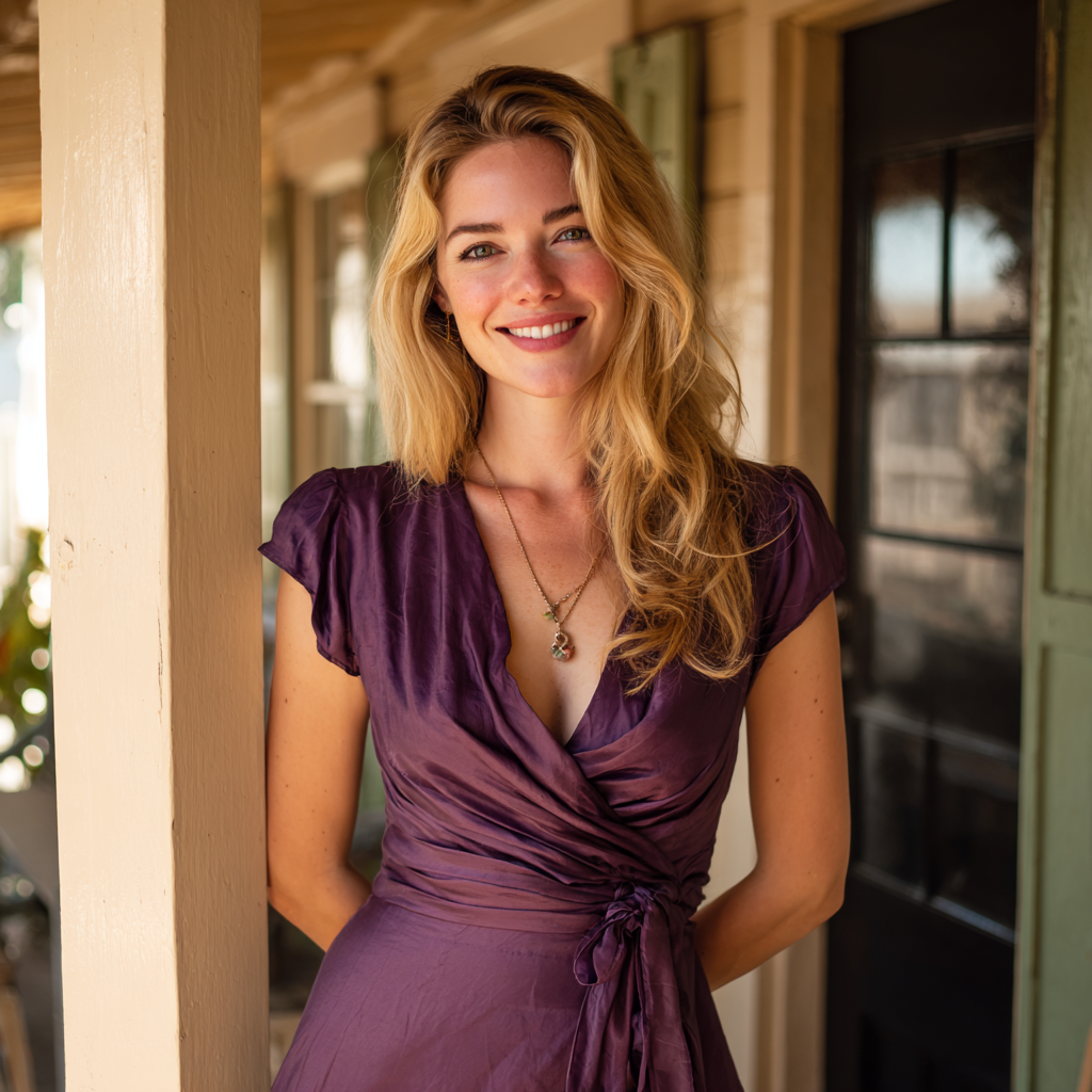 Una mujer de pie en un porche | Fuente: Midjourney