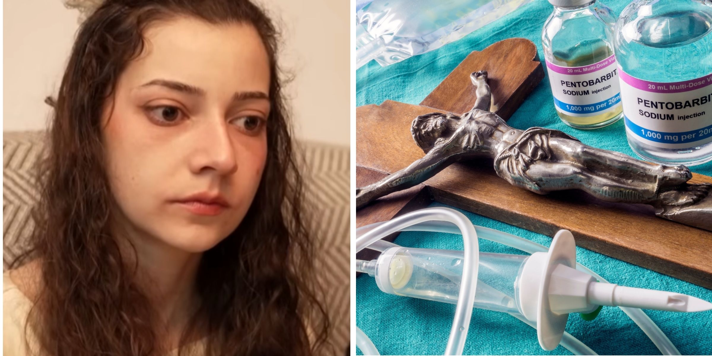 Noelia Castillo | Catéter junto a un crucifijo | Fuente: YouTube/Antena 3 | Shutterstock