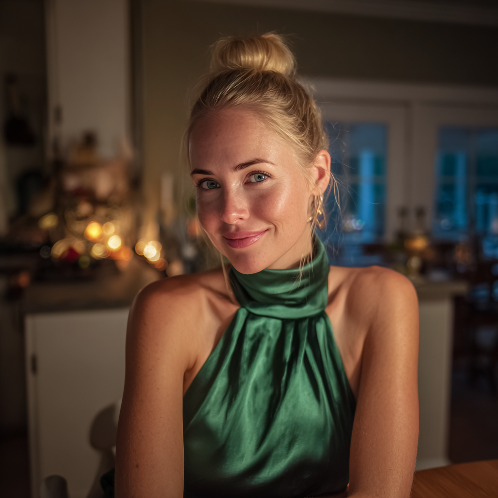 Una mujer sonriente sentada a una mesa | Fuente: Midjourney