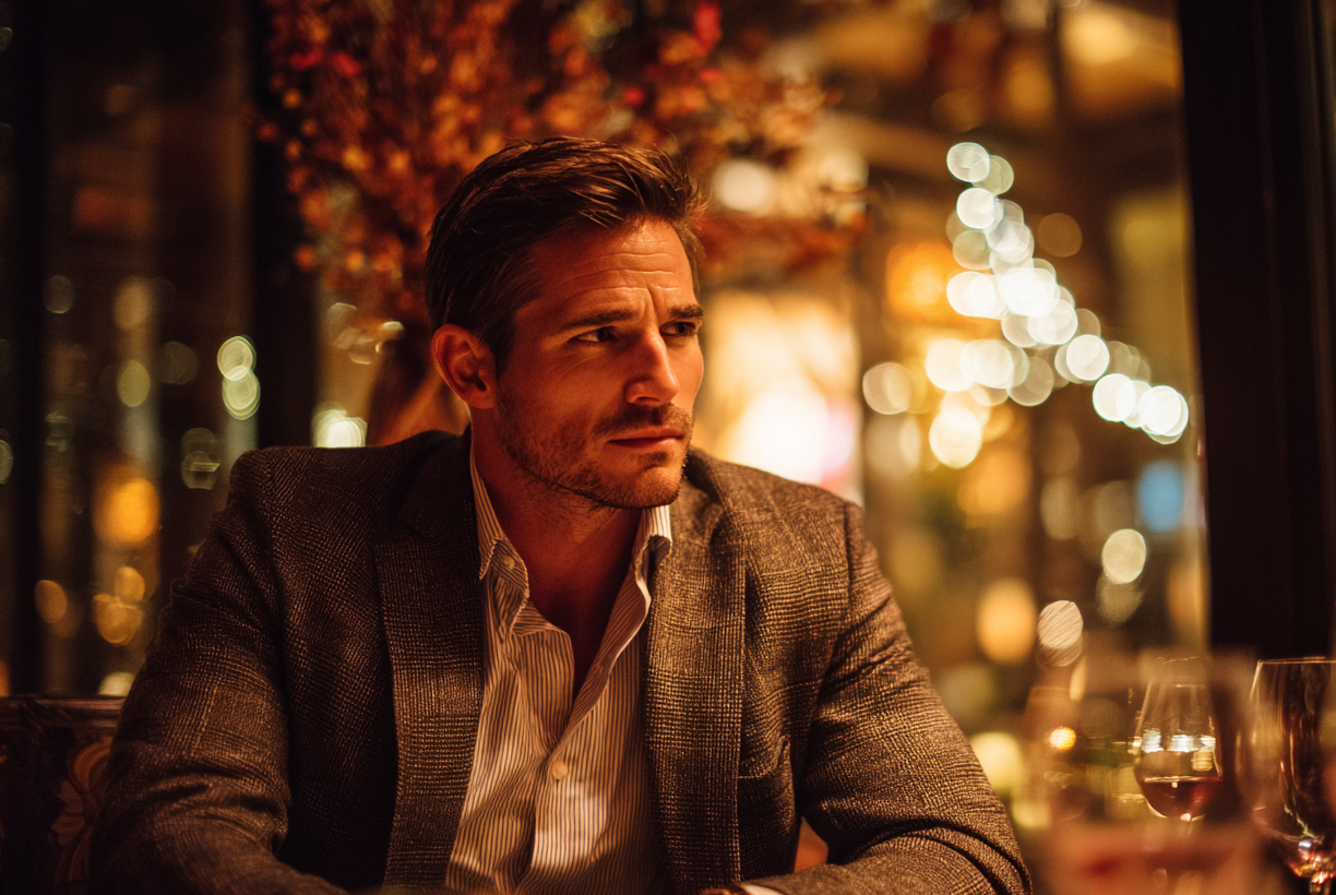 Un hombre en su cena de compromiso | Fuente: Midjourney