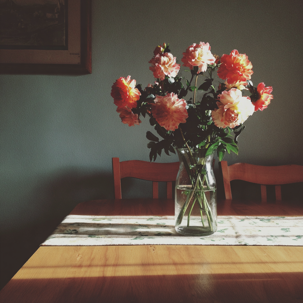Un jarrón de flores sobre una mesa | Fuente: Midjourney
