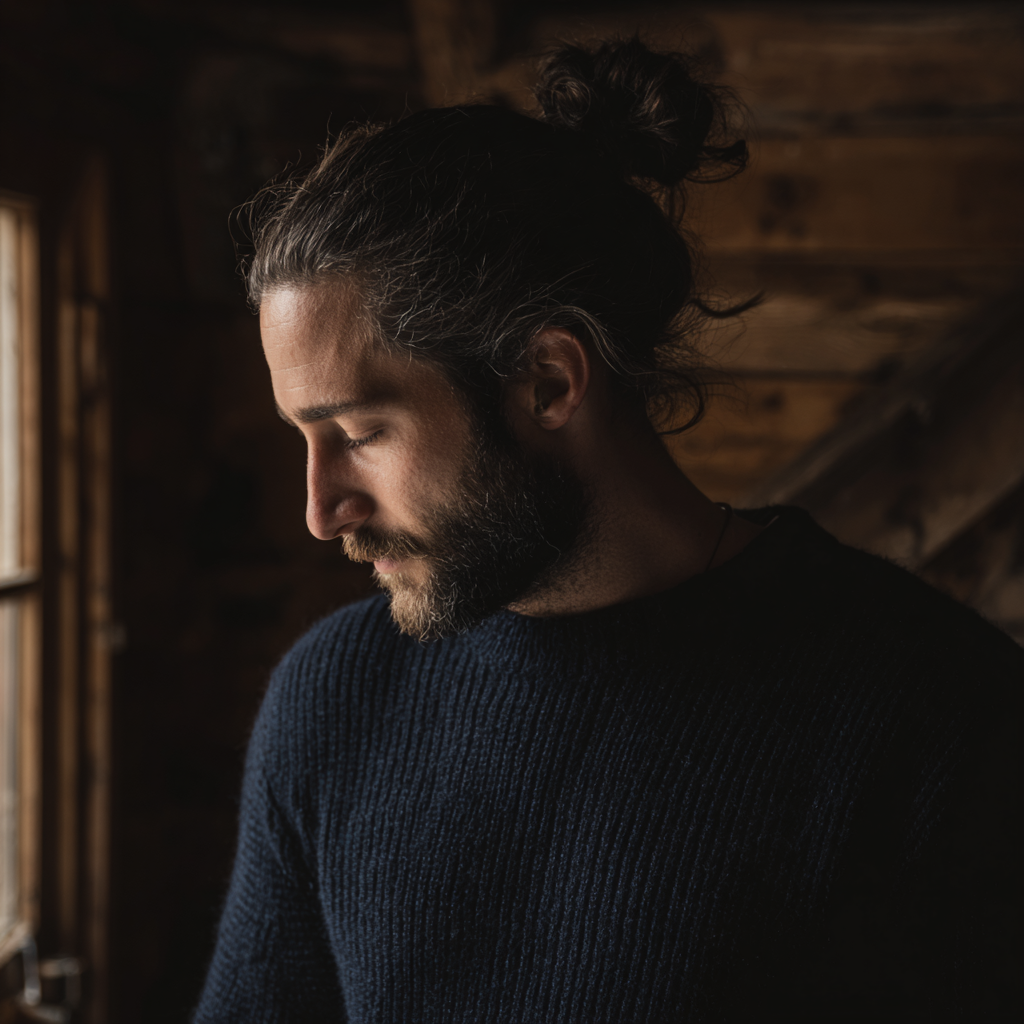 Un hombre vestido con un jersey azul marino y de pie en una cabina | Fuente: Midjourney
