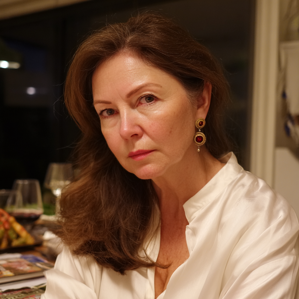 Una mujer poco impresionada sentada a la mesa del comedor | Fuente: Midjourney