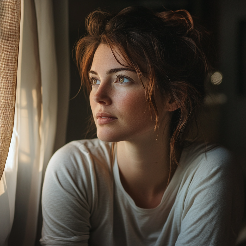 Una mujer pensativa mirando por la ventana | Fuente: Midjourney