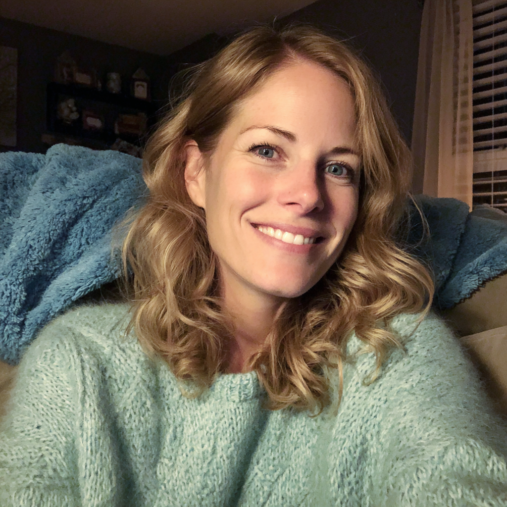 Una mujer sonriente sentada en un sofá | Fuente: Midjourney