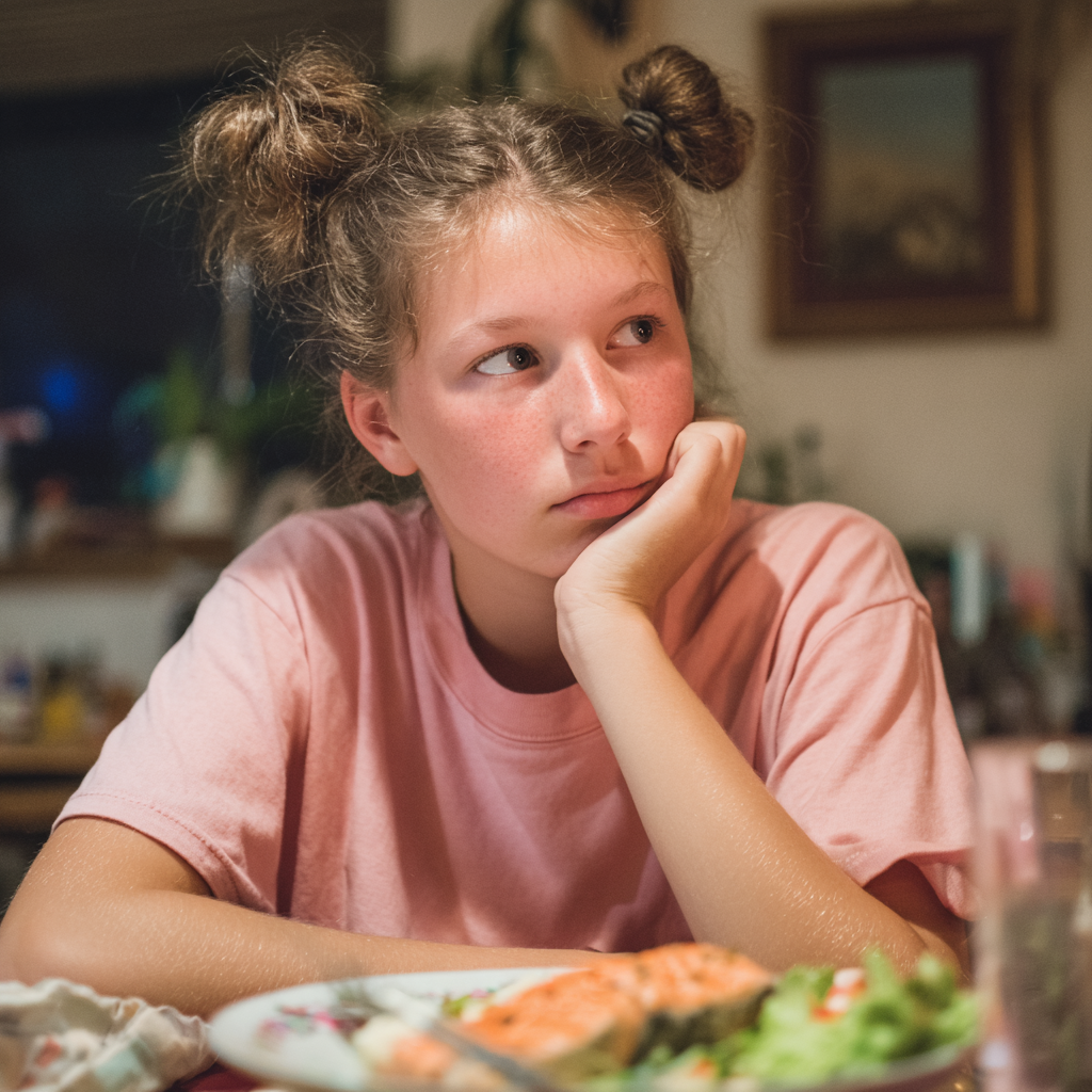 Una chica sentada a la mesa | Fuente: Midjourney