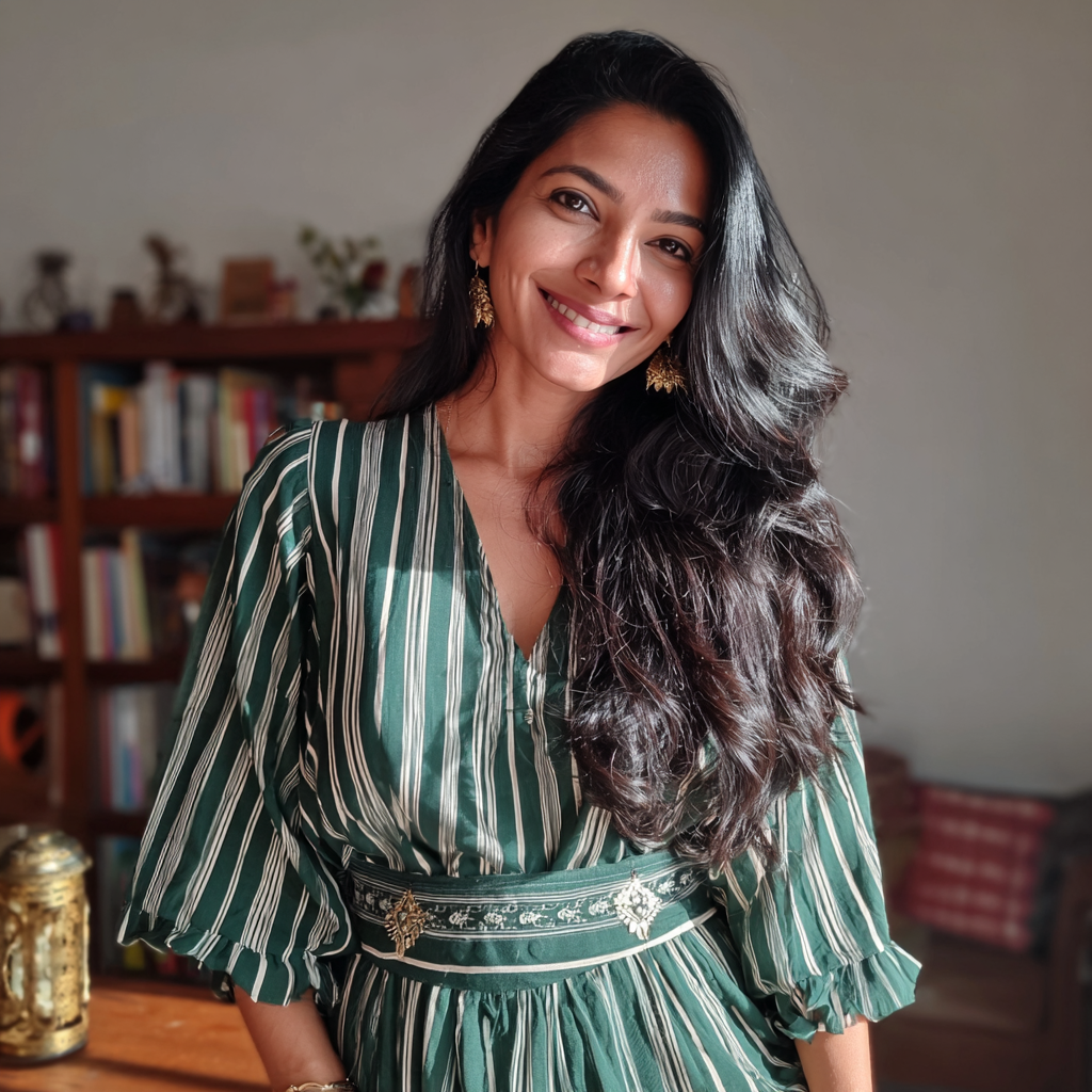 Una mujer sonriente de pie en un salón | Fuente: Midjourney
