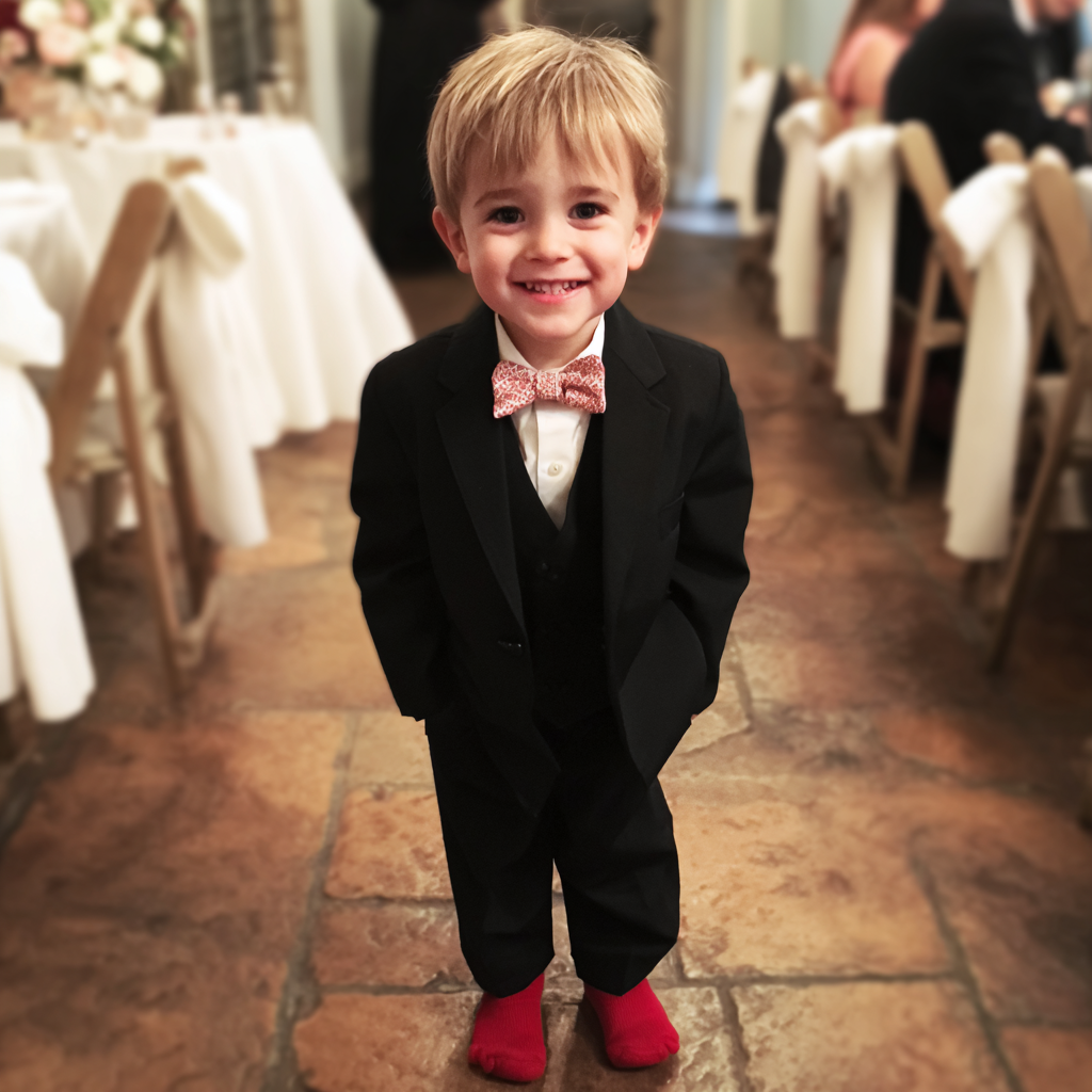 Un niño sonriente con un traje negro y calcetines rojos | Fuente: Midjourney