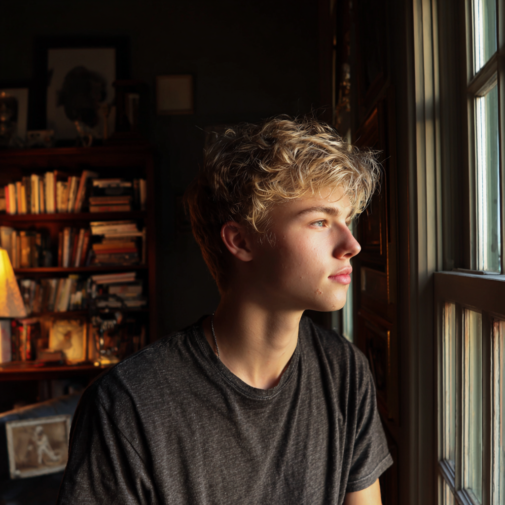 Un adolescente mirando por la ventana | Fuente: Midjourney