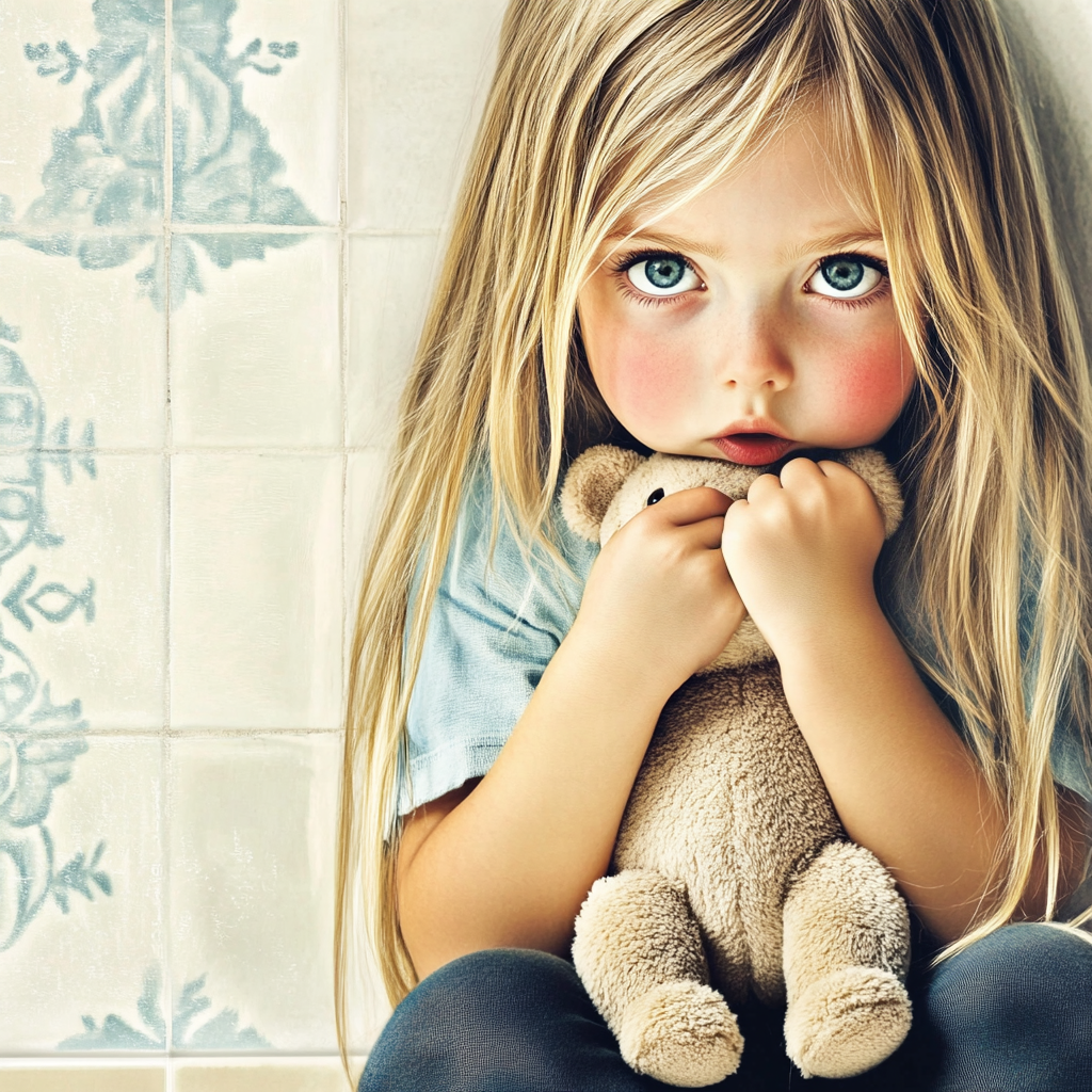Una niña aterrorizada agarrada a su osito de peluche | Fuente: Midjourney