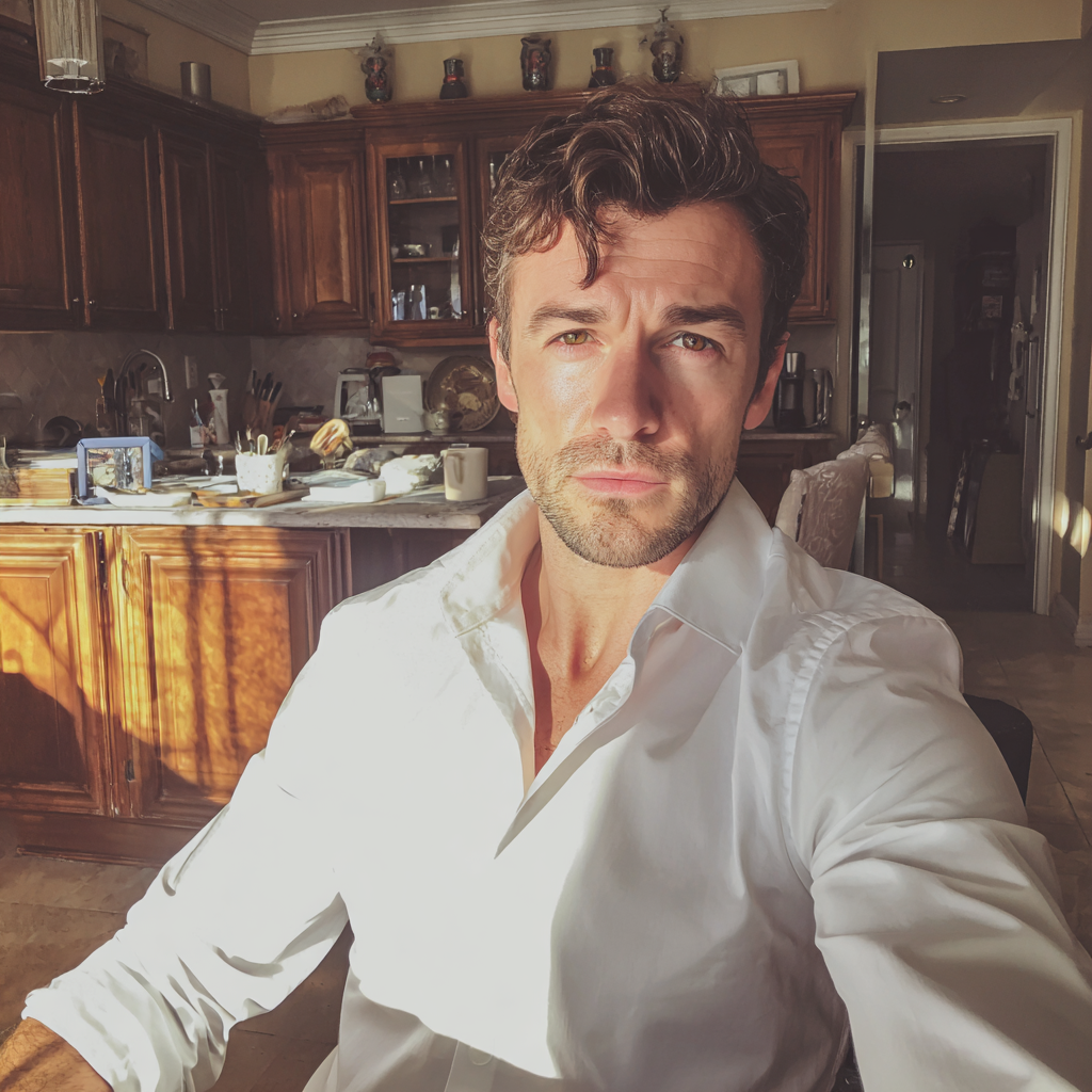 Un hombre sentado en una mesa con camisa de vestir blanca | Fuente: Midjourney