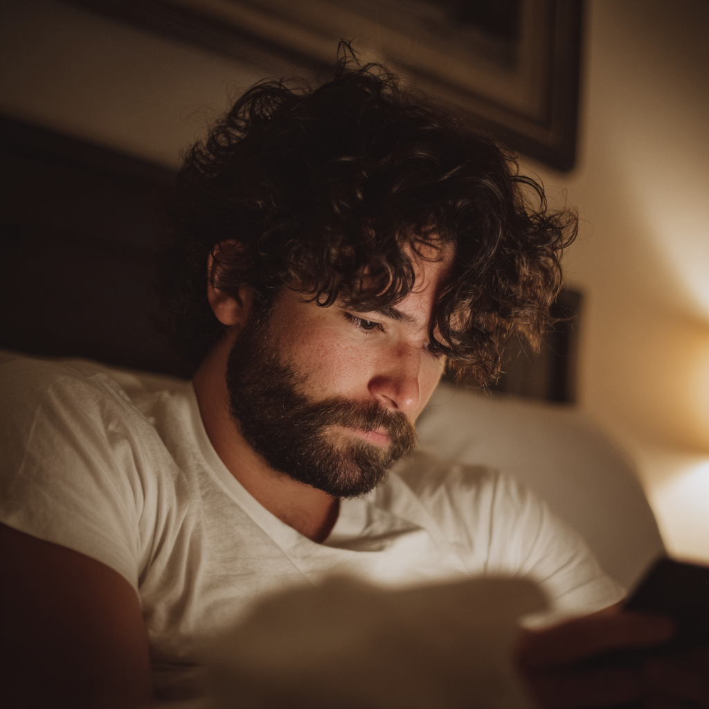 Un hombre sentado en la cama y utilizando su teléfono móvil | Fuente: Midjourney