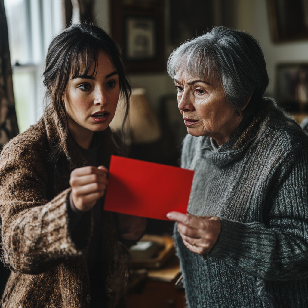 Sarah enfrentándose a Evelyn por la misteriosa nota | Fuente: Midjourney