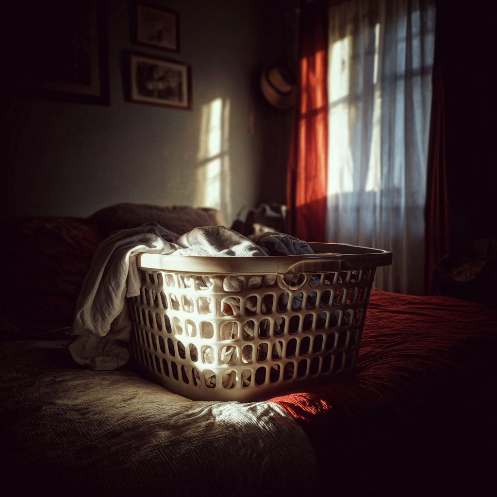 Un cesto de ropa limpia sobre una cama | Fuente: Midjourney