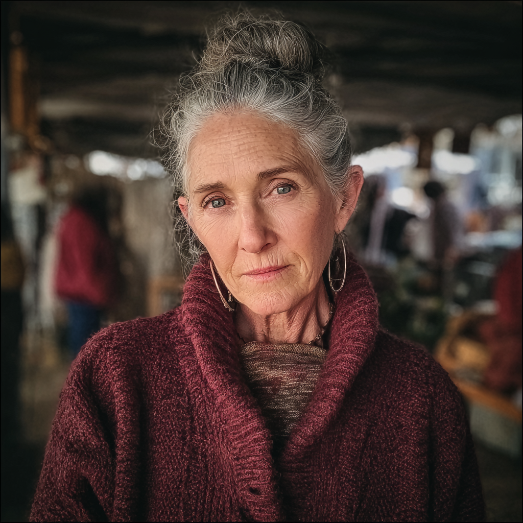 Una anciana preocupada en un mercadillo | Fuente: Midjourney