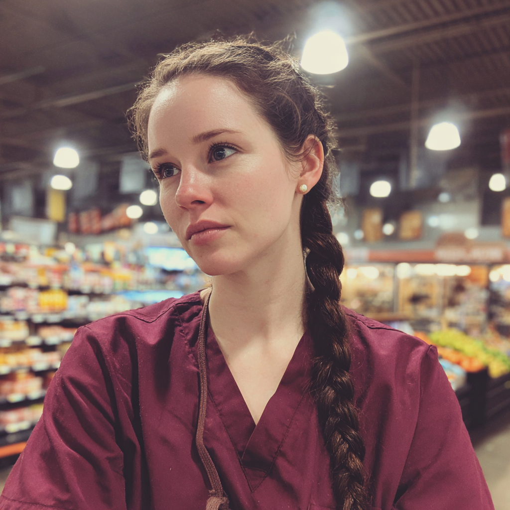 Una enfermera de pie en una tienda de comestibles | Fuente: Midjourney