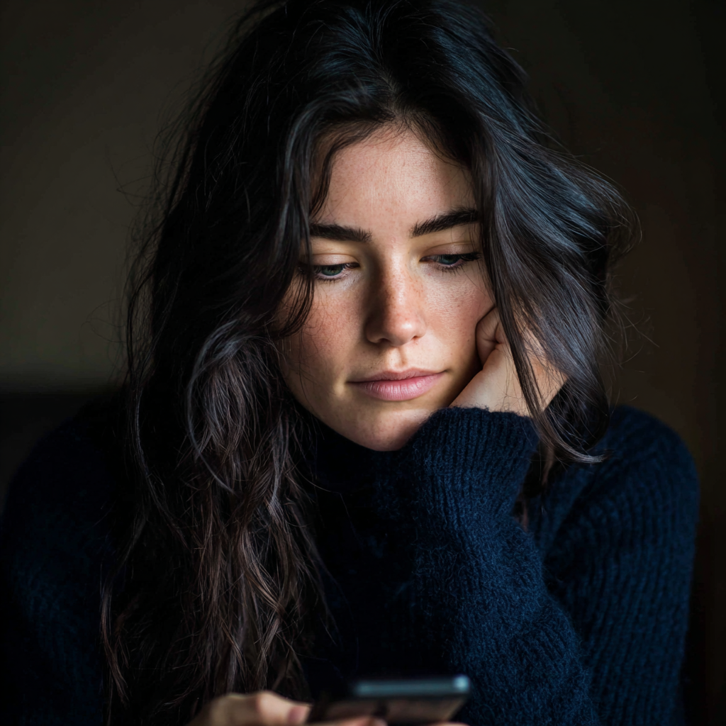 Una mujer pensativa con el celular en la mano | Fuente: Midjourney