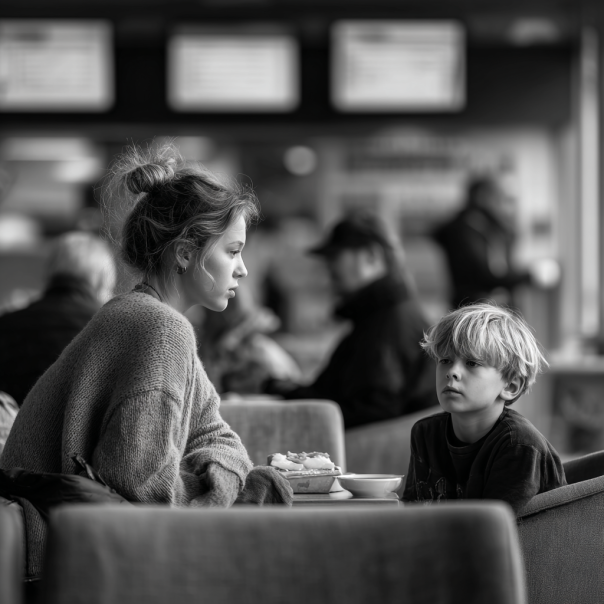 Una mujer y un niño sentados en una sala de espera | Fuente: Midjourney