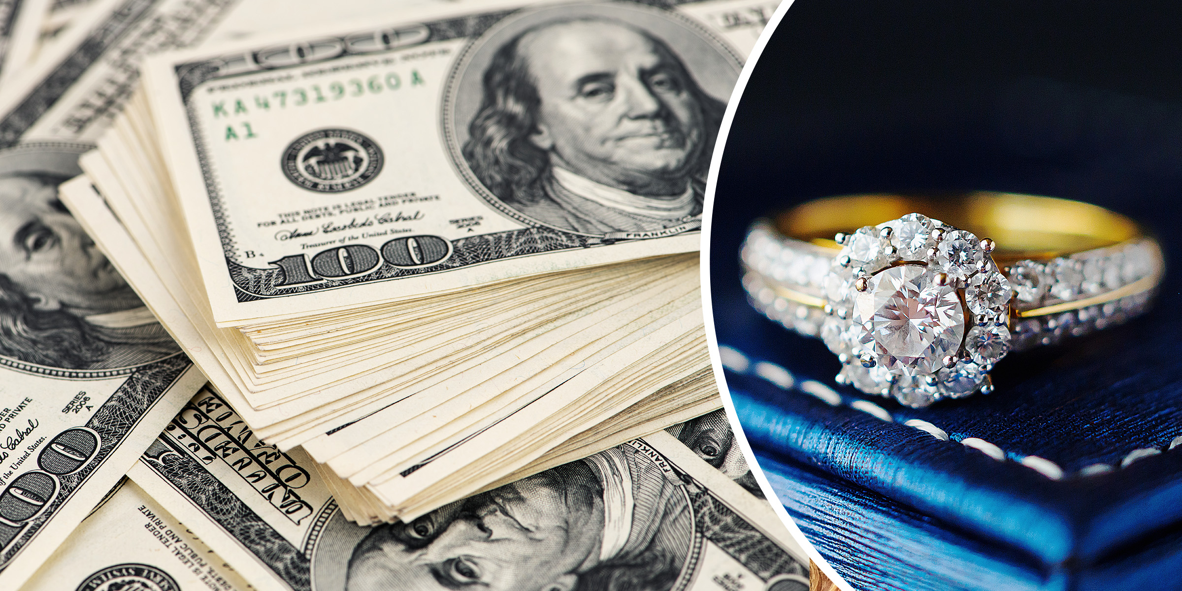Billetes de dólar y un anillo de diamantes caros | Fuente: Shutterstock