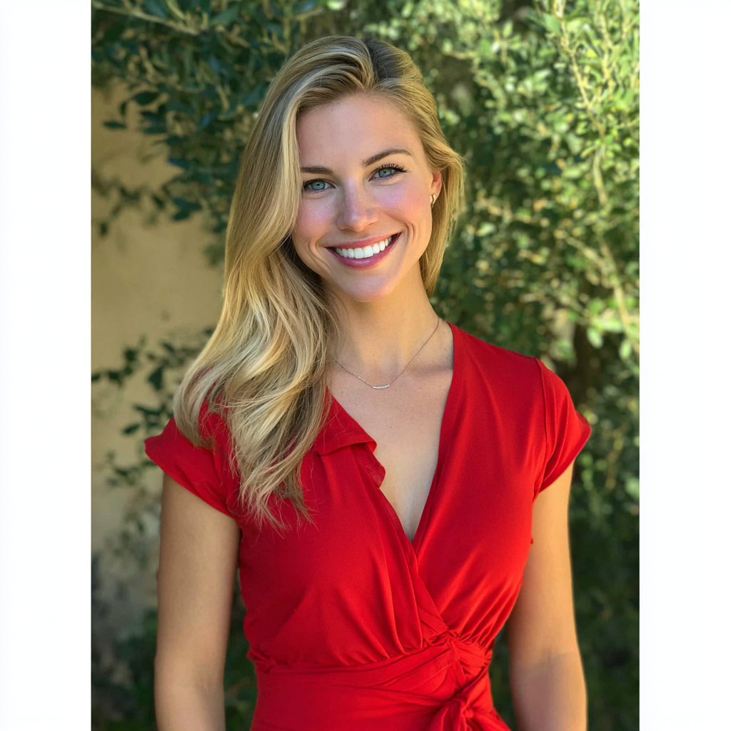 Una mujer sonriente con un vestido rojo | Fuente: Midjourney