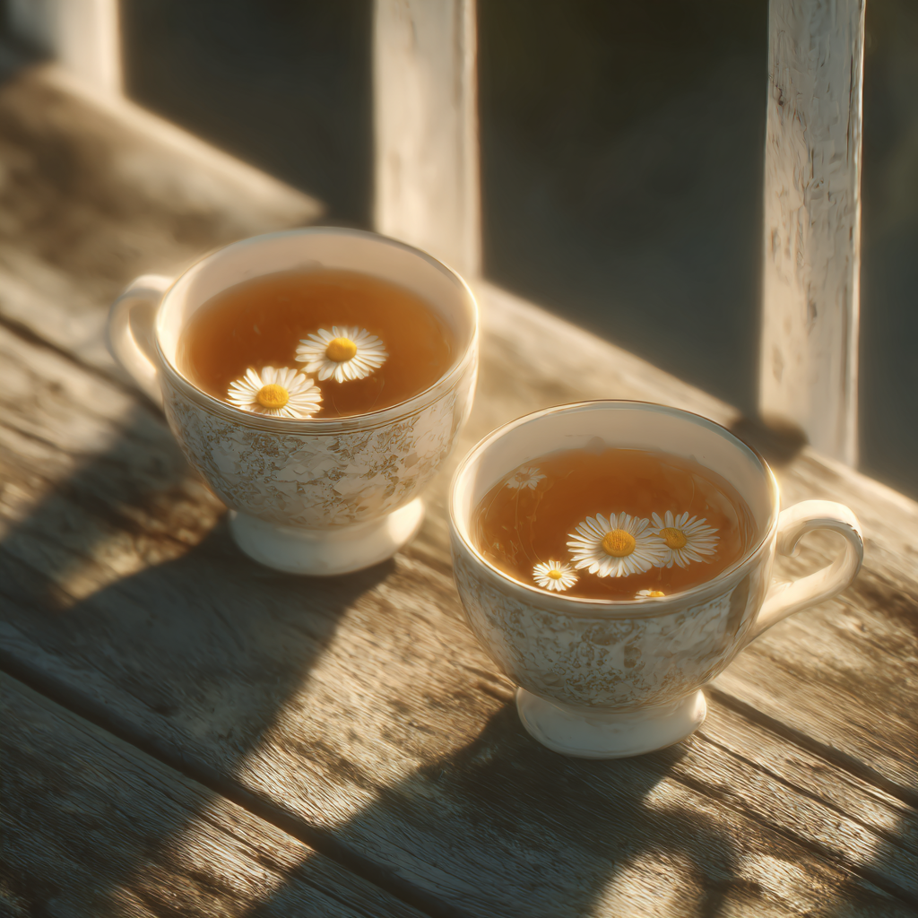 Dos tazas de té de manzanilla sobre una superficie de madera | Fuente: Midjourney