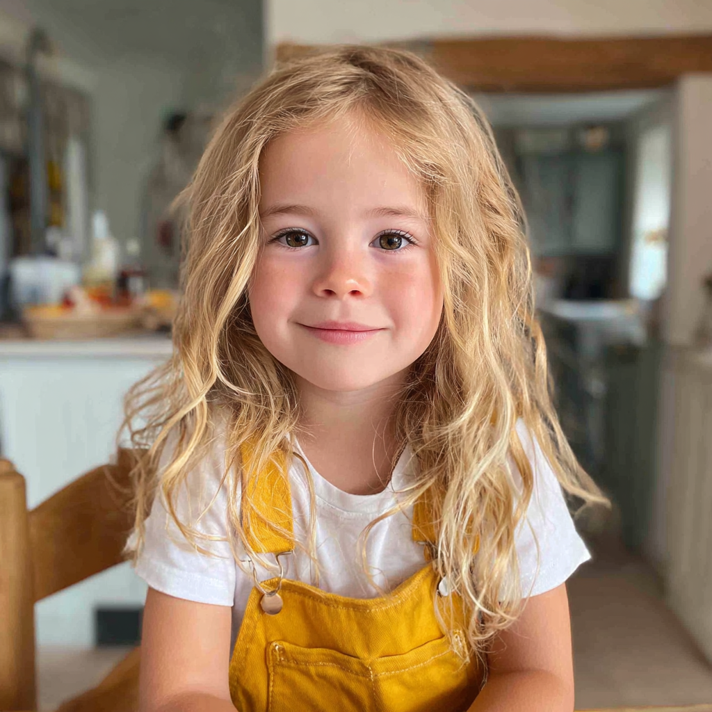 Una niña sonriente sentada a la mesa | Fuente: Midjourney