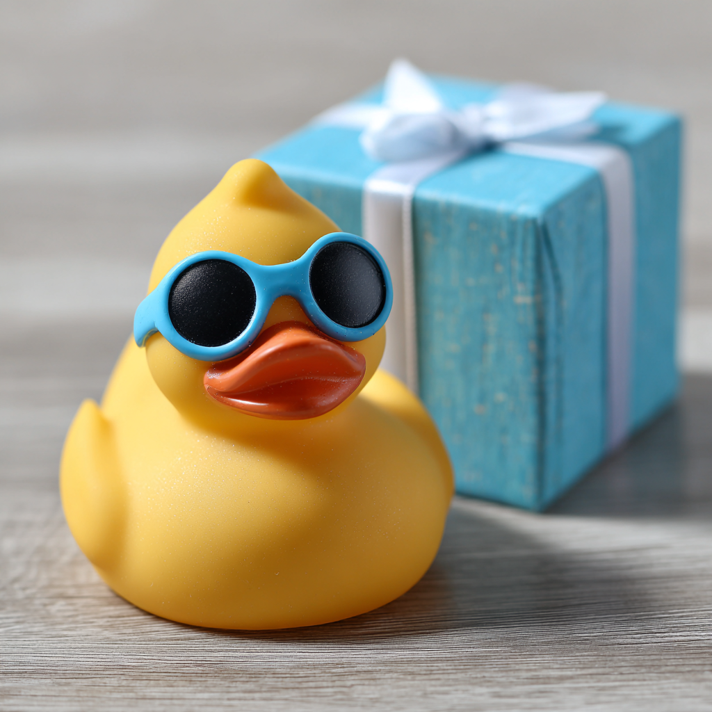 Un patito de goma sobre una mesa junto a una caja de regalo | Fuente: Midjourney