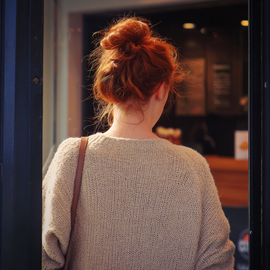 Una mujer saliendo de una cafetería | Fuente: Midjourney