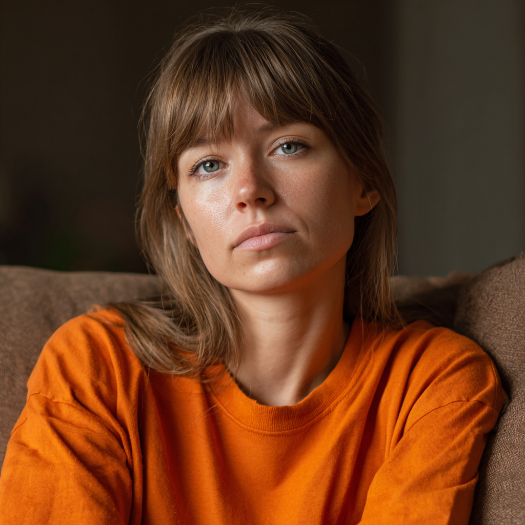Una mujer pensativa con una camiseta naranja | Fuente: Midjourney