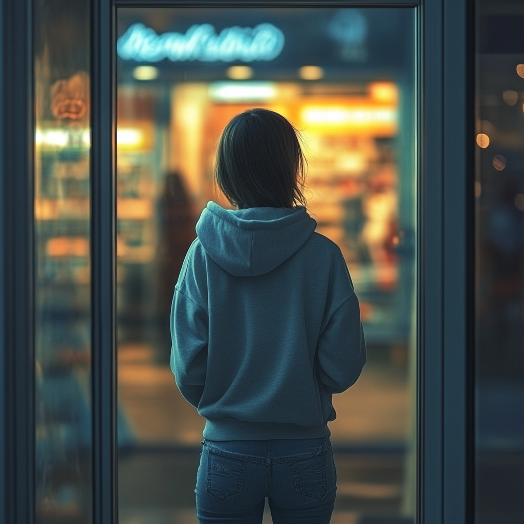 Una joven en la puerta de una tienda | Fuente: Midjourney