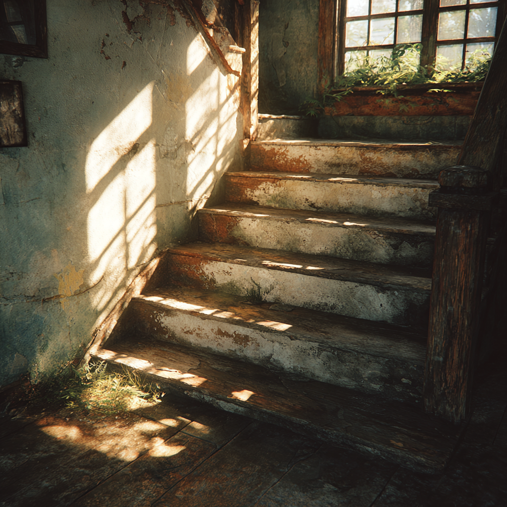 Las viejas escaleras de una casa en ruinas | Fuente: Midjourney