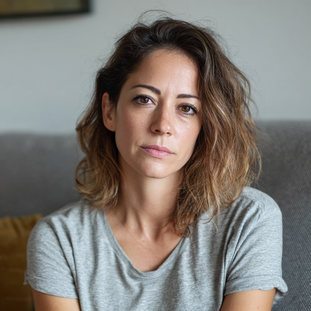 Una mujer pensativa sentada en un sofá | Fuente: Midjourney