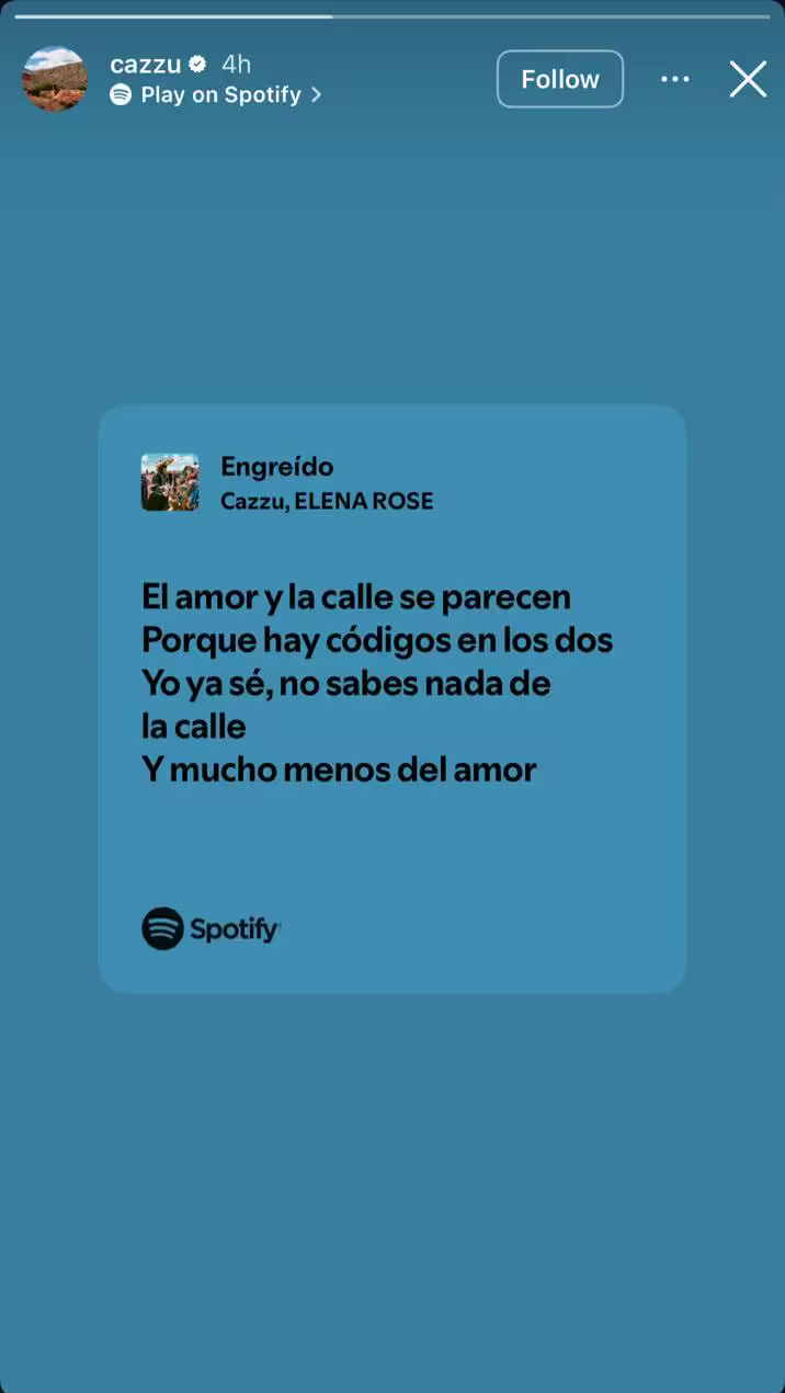 Publicación de Cazzu en sus historias de Instagram que contiene fragmentos de la canción “Engreído” | Fuente: Instagram Stories/cazzu