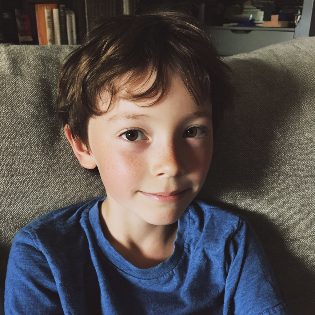 Un niño sonriente sentado en un sofá | Fuente: Midjourney