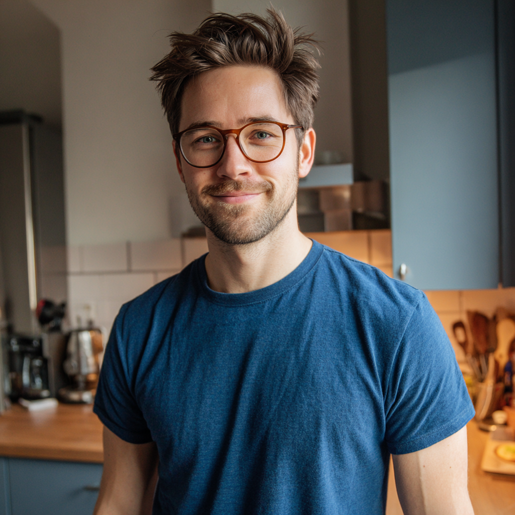 Un hombre sonriente de pie en una cocina | Fuente: Midjourney