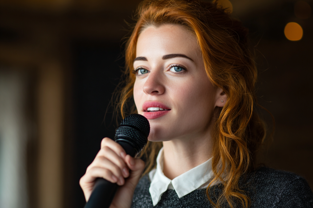 Una camarera hablando por el micrófono en una boda | Fuente: Midjourney