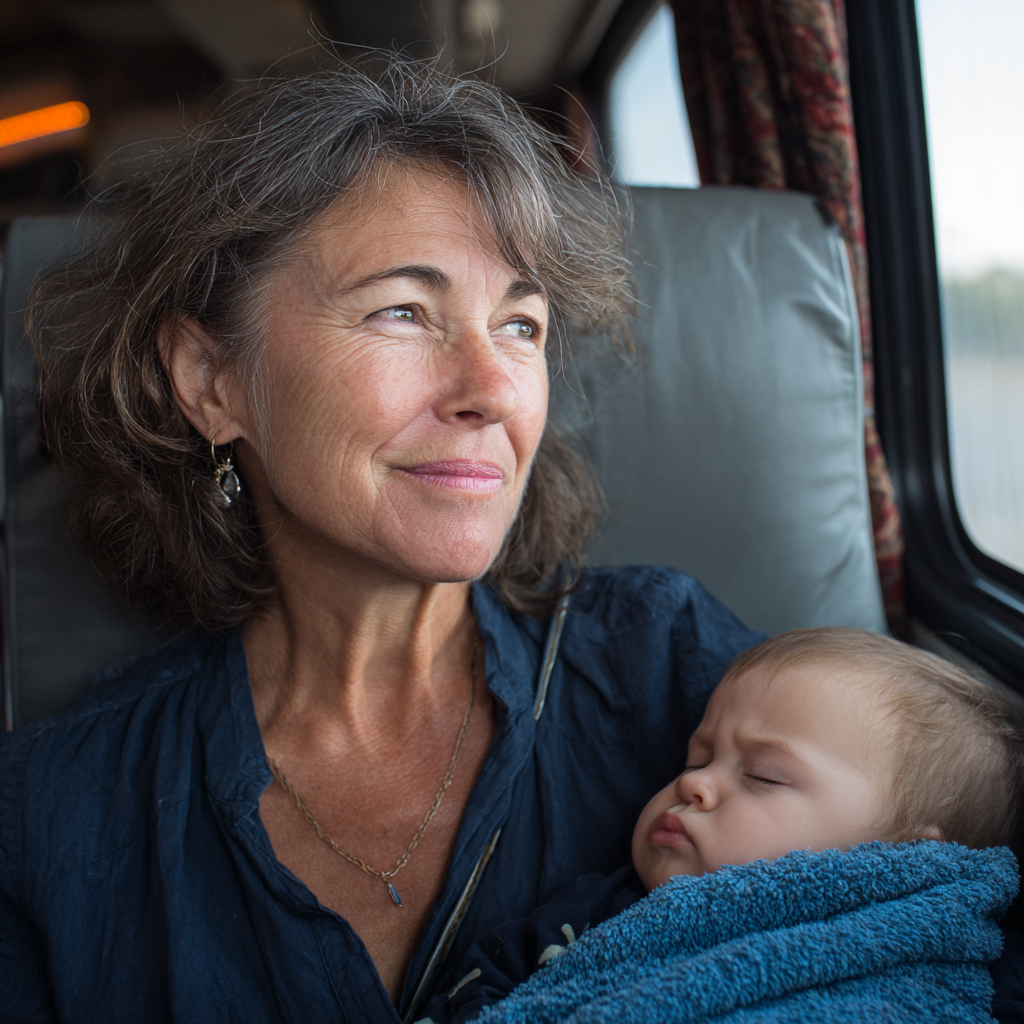 Una anciana aliviada con su nieto en brazos | Fuente: Midjourney