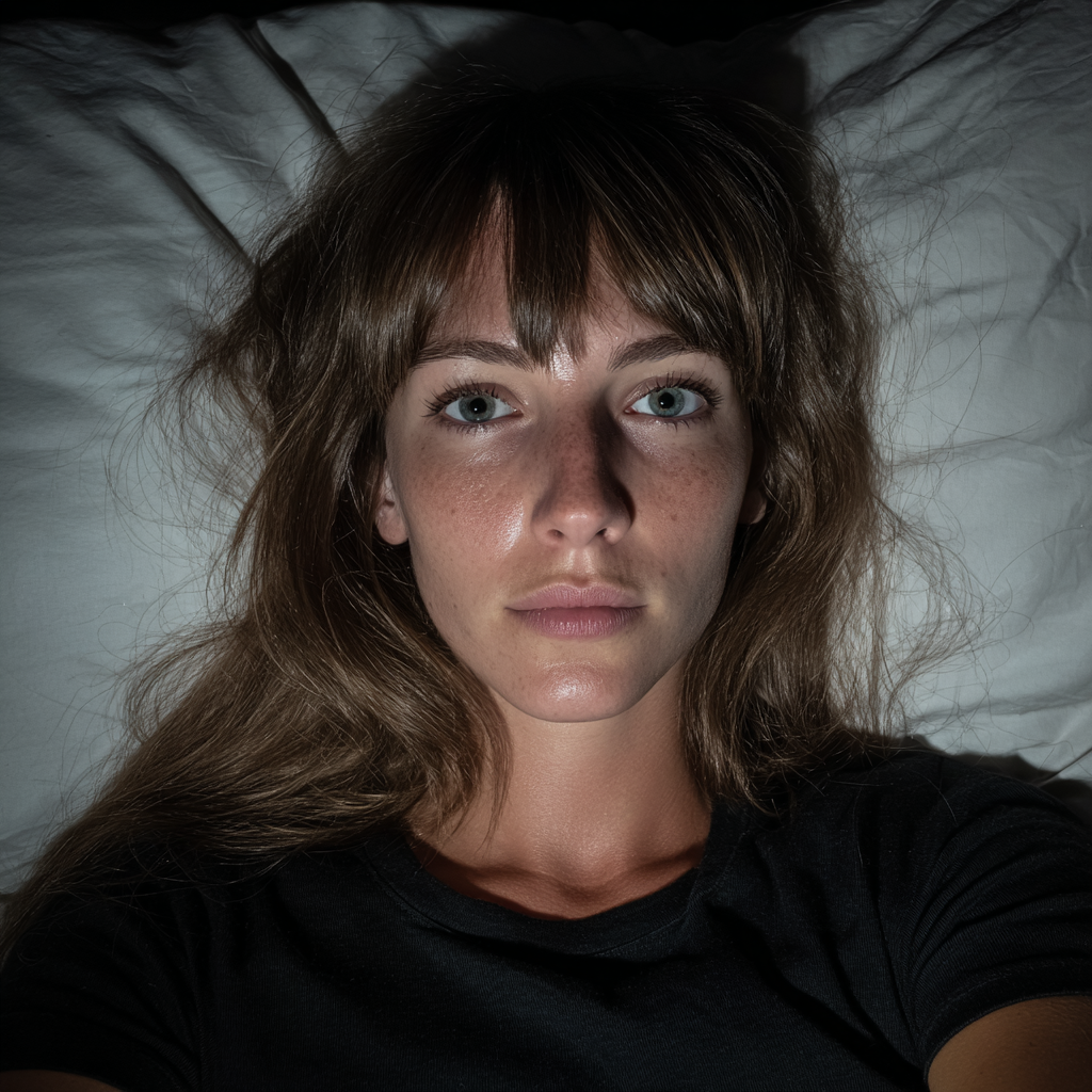 Una mujer preocupada tumbada en la cama | Fuente: Midjourney